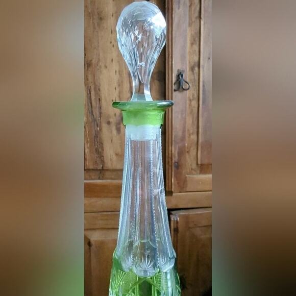 Val St Lambert Numbered Glass Double Etched Carafe Decanter Lime Green Vintage - Picture 3 of 9
